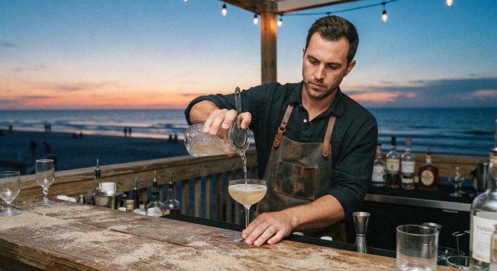 Bartender pouring a cocktail into a coupe at a beach bar