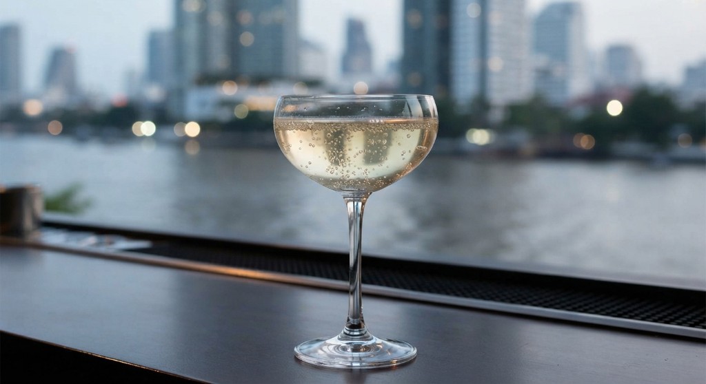 Champagne coupe on a dark bar with city lights behind it