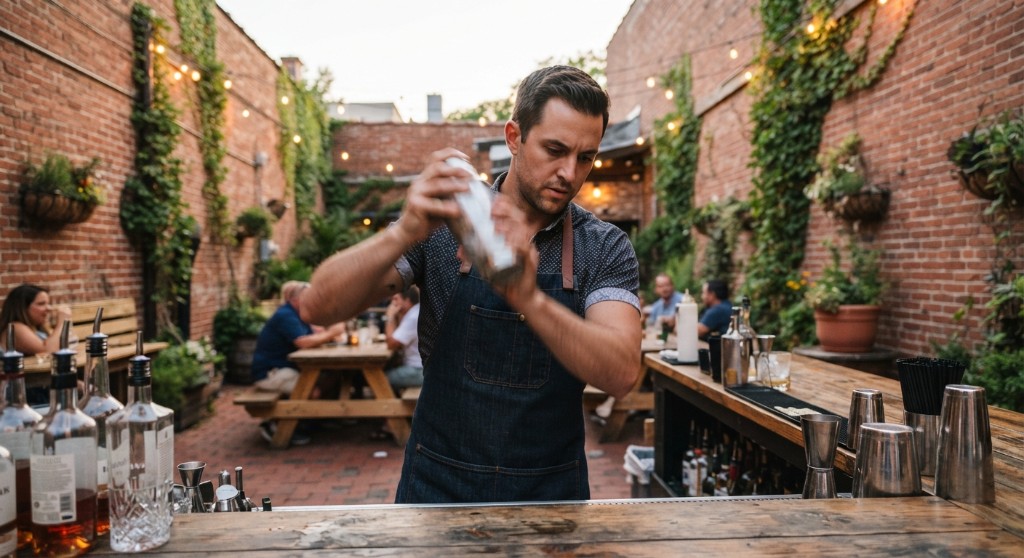 Bartender shaking a cocktail in a brick courtyard