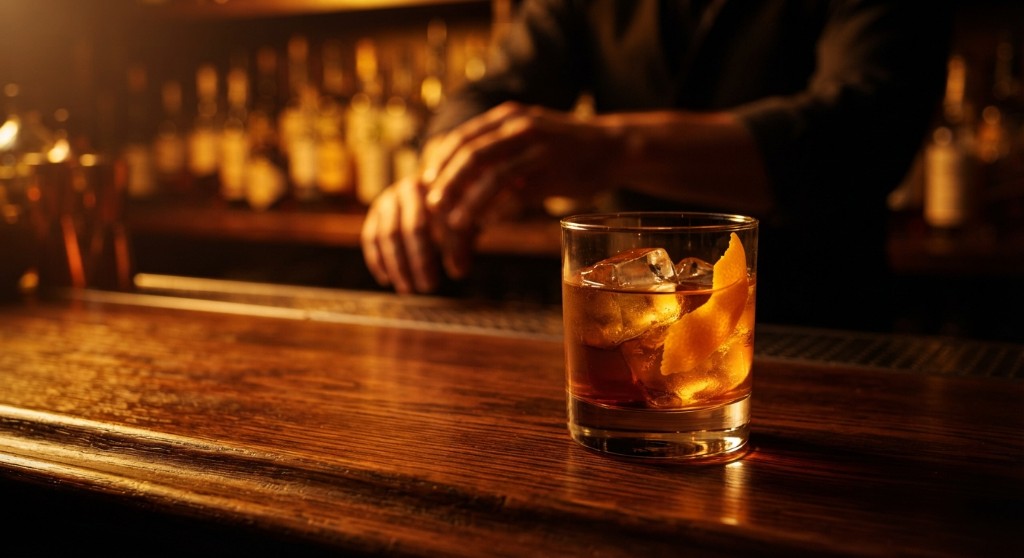 Old fashioned with orange peel on a dark wooden bar