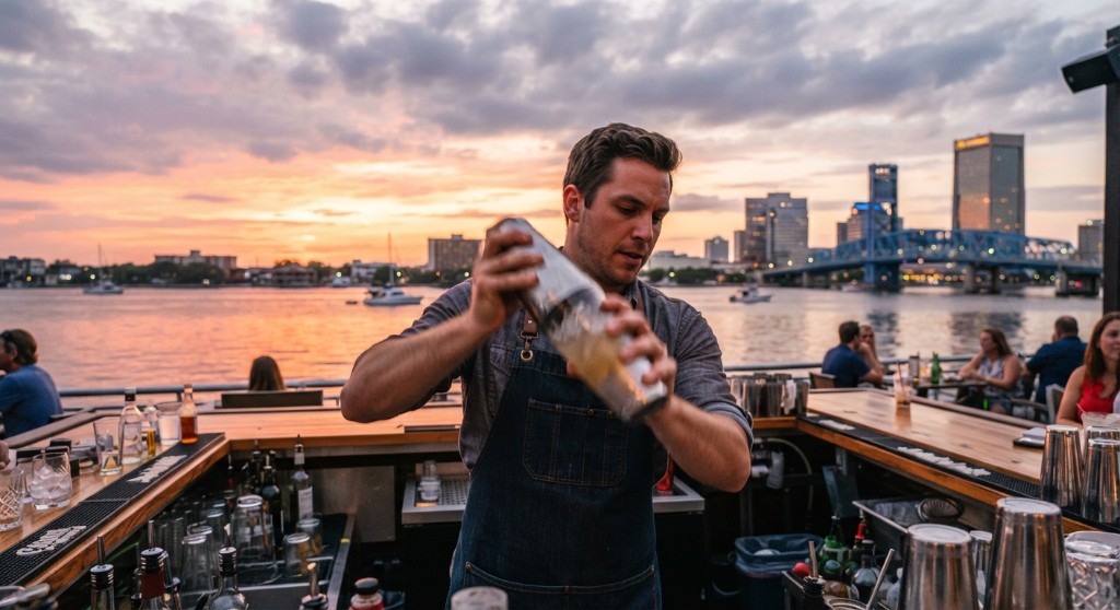 Bartender shaking a cocktail at a riverside bar at dusk
