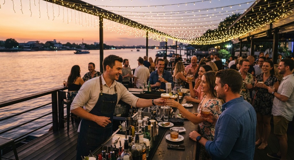 Bartender handing a cocktail to guests at a waterfront bar