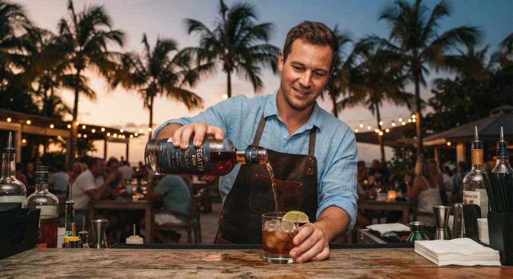 Bartender pouring whiskey into a rocks glass under palm trees